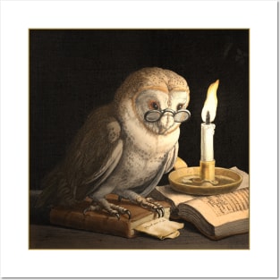 Owl with spectacles, candle and books. Posters and Art